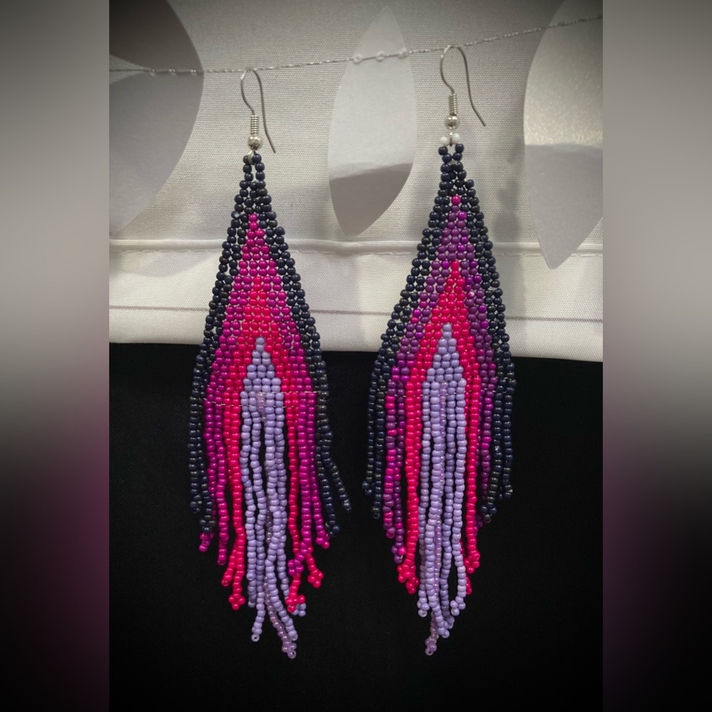 Pink Purple Black Fringe Seed Bead Dangle Earrings